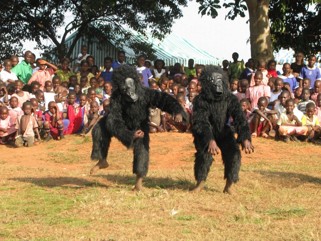children pretend to be gorillas in a school play