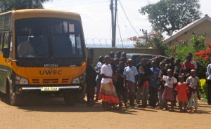 The bus arrives to pick the children up